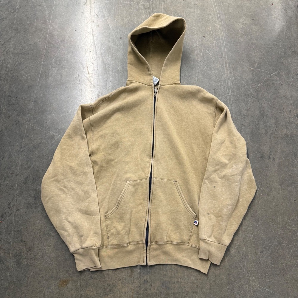 Vintage Russell Athletic Zip Up Hoodie Tan Khaki Faded Distressed Mens Large